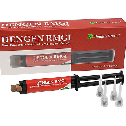 Dengen RMGIC dental cement red dual cure syringe kit with dispensing tips and labeled product box
