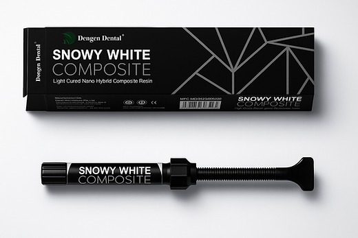 Dengen Snowy White composite syringe in black box packaging for light cured nano hybrid dental composite resin