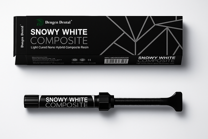 Dengen Snowy White composite syringe in black box packaging for light cured nano hybrid dental composite resin