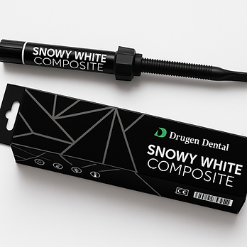 Dengen Snowy White composite syringe on white background with matching black packaging box for dental restorations