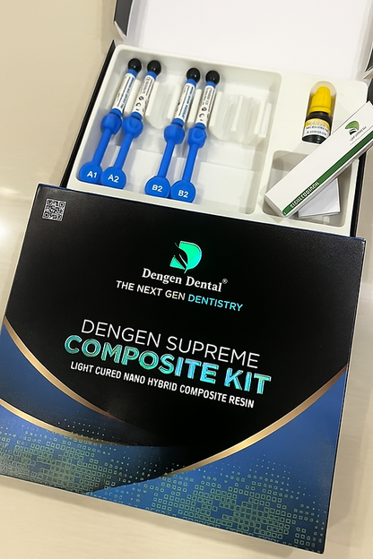 Open Dengen Supreme Composite kit box showing four composite syringes labeled A1 A2 B2 and accessory bottles