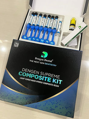 Dengen Supreme Composite kit packaged box with blue syringes of hybrid composite resin and accessories