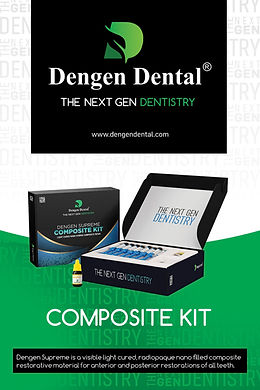 Dengen Supreme Composite kit boxed dental composite kit with open case with syringes and shade compules on green background