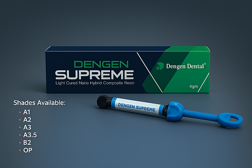 Beetle Dental Dengen Supreme composite syringe next to navy green box showing shade options