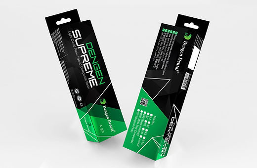 Dengen Supreme composite syringe packaging boxes by Beetle Dental showing front and back panels