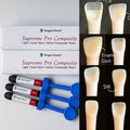 Beetle Dental Dengen Supreme Pro Composite resin syringes and boxes with shade guide showing A2 enamel and SW