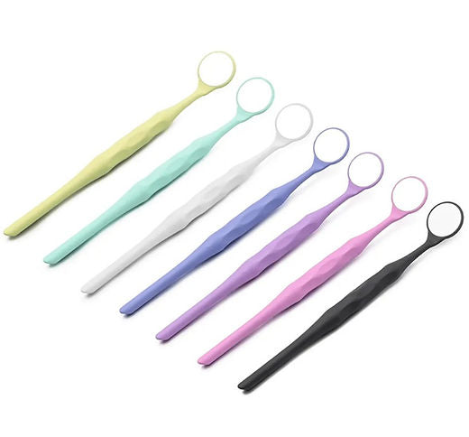 Beetle Dental set of eight colorful ergonomic dental mouth mirror instruments with long textured handles for exams