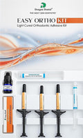 Beetle Dental easy ortho adhesive kit showing three syringe applicators bonding resin bottle and accessories