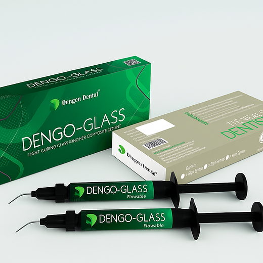 Dengo Glass flowable syringes and green box by Beetle Dental for restorative procedures light cure glass ionomer cement