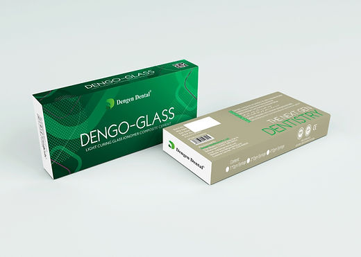 Beetle Dental Dengo Glass product boxes on white background showing branding and labeling light cure glass ionomer cement