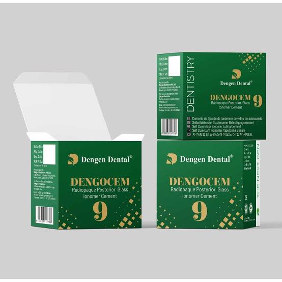 Dengen Dental Dengocem product boxes for posterior glass ionomer cement radiopaque restorative material