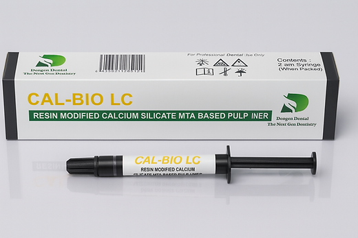 Beetle Dental CALBIO LC syringe and box containing Resin modified calcium silicate dental liner for pulp