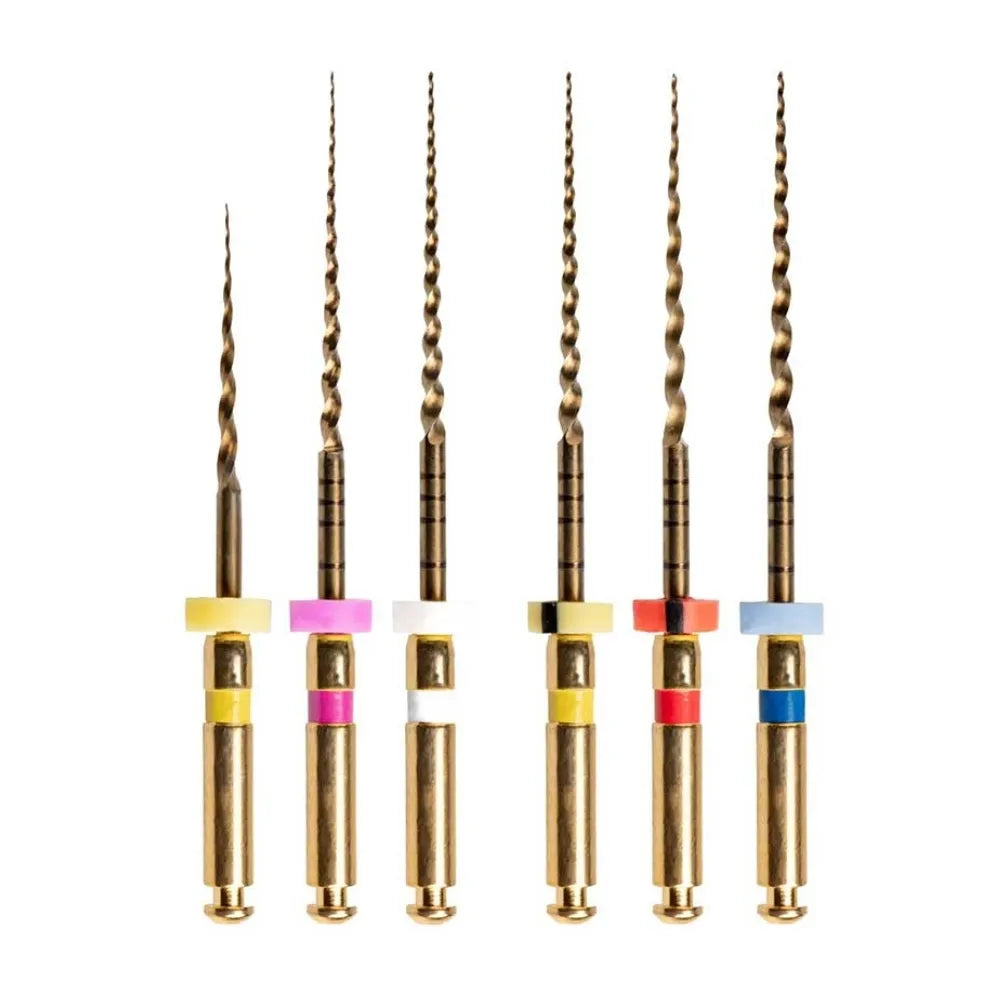 Woodpecker Endo Plus rotary files set of six gold nickel titanium endodontic files with colored stops for root canal treatment