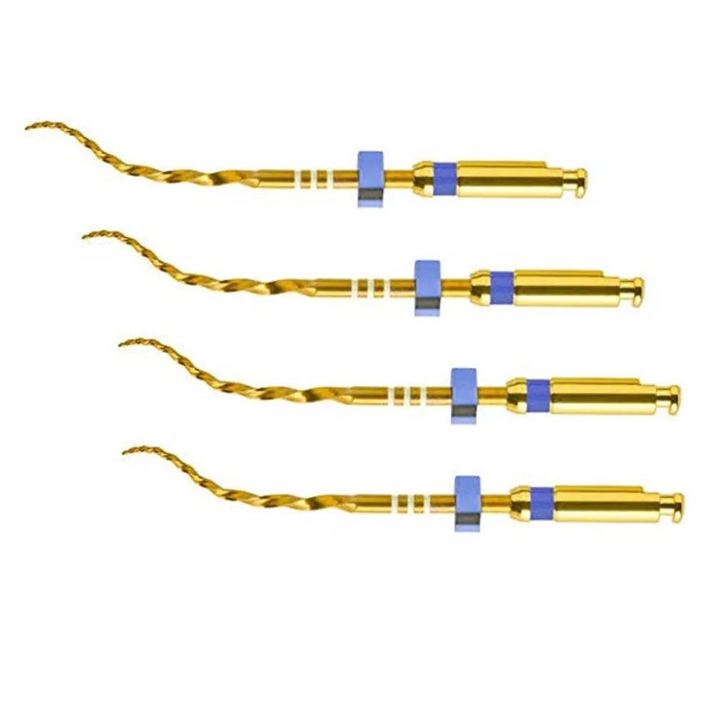 Beetle Dental pack of four gold twisted endodontic instruments Woodpecker Endo Plus rotary files with blue stoppers
