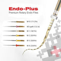Woodpecker Endo Plus rotary files set showing six gold handled endodontic rotary files with size markings and spiral design