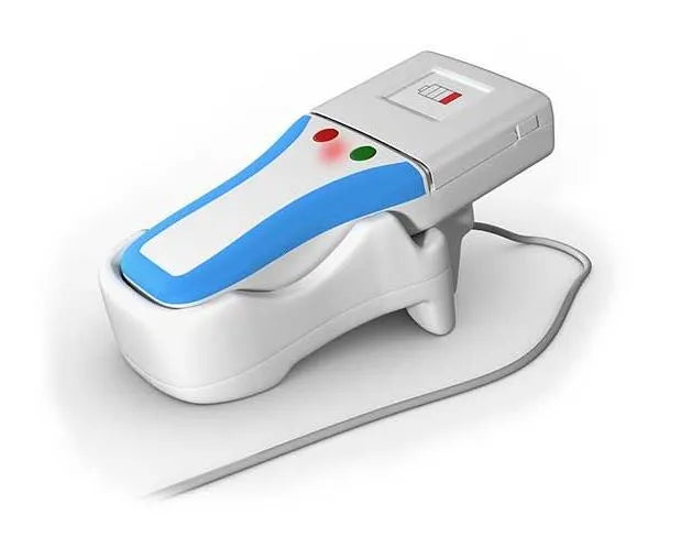 Bausch Occlusense Set - BK 5000 handheld occlusion sensor in white and blue with charging dock and indicator LEDs