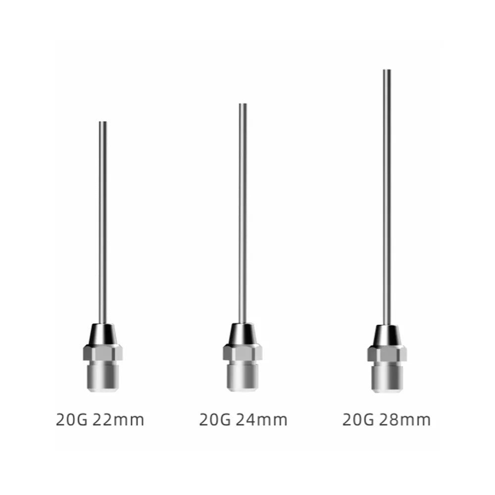 Beetle Dental Woodpecker Fi-G obturation gun tips set showing 20G 22mm 24mm and 28mm stainless steel nozzles
