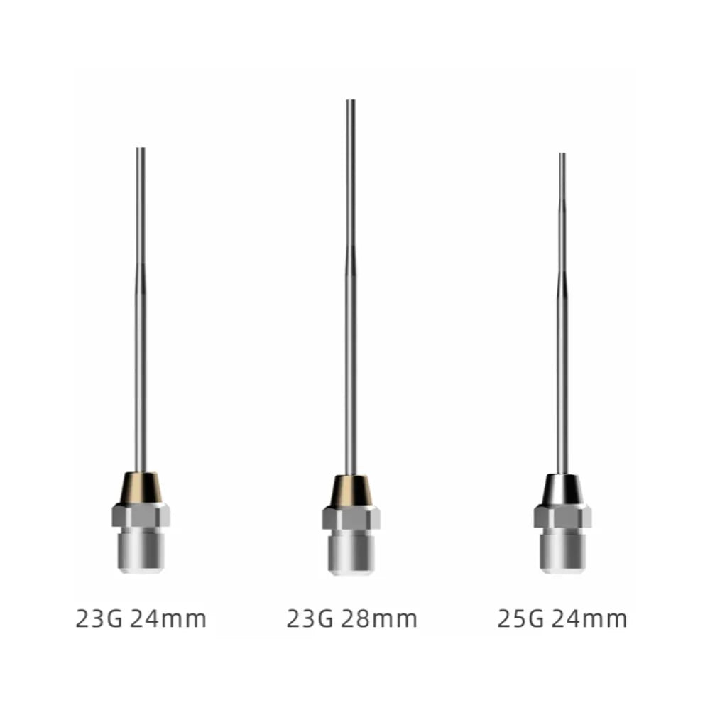 Beetle Dental set of three Woodpecker Fi-G obturation gun tips showing 23G 24mm 23G 28mm and 25G 24mm