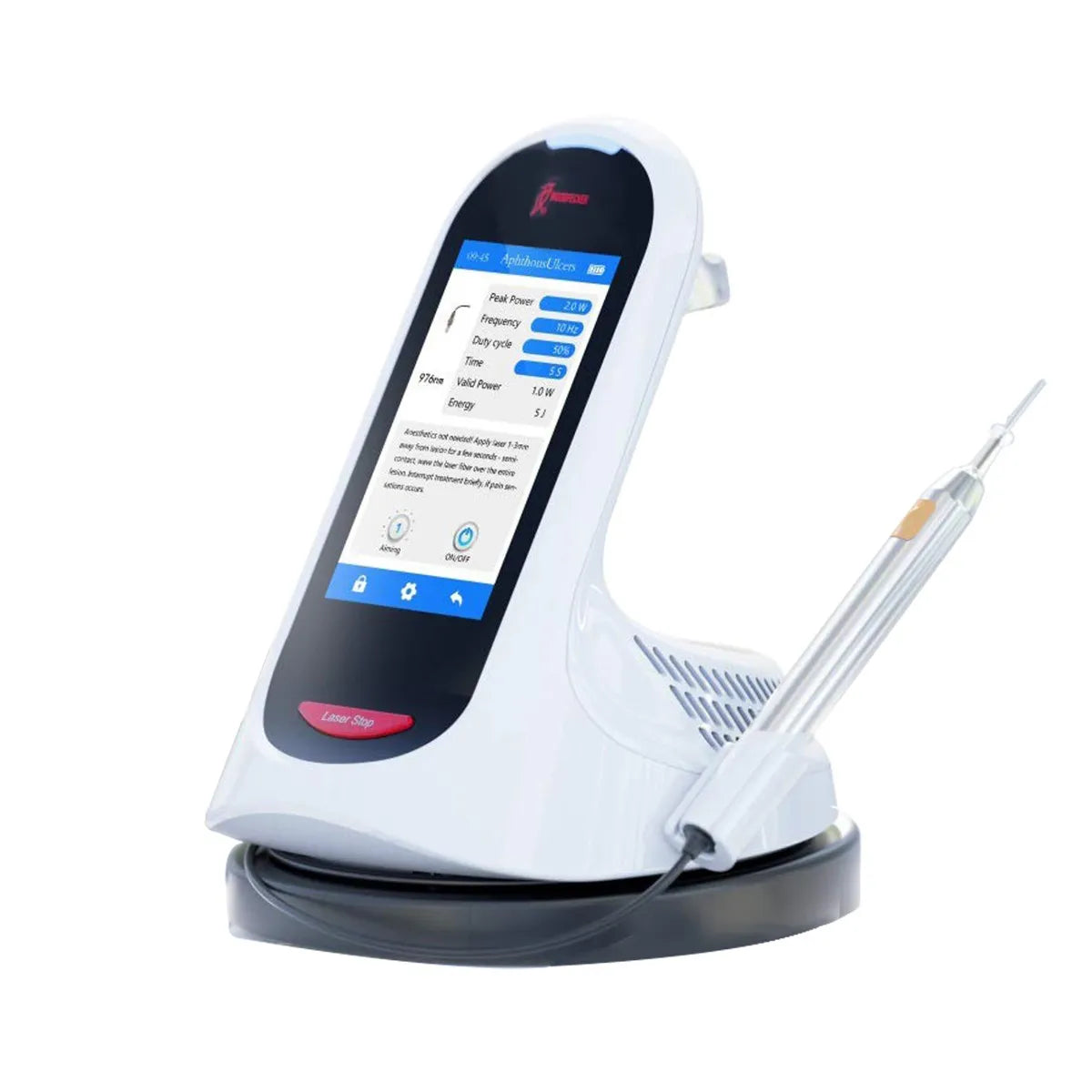 Woodpecker LX16 dental diode laser desktop unit in white with touchscreen and handpiece