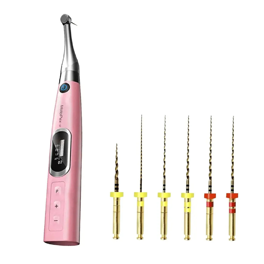 Woodpecker Motopex-M Endo Motor pink cordless endodontic handpiece with six nickel titanium rotary files