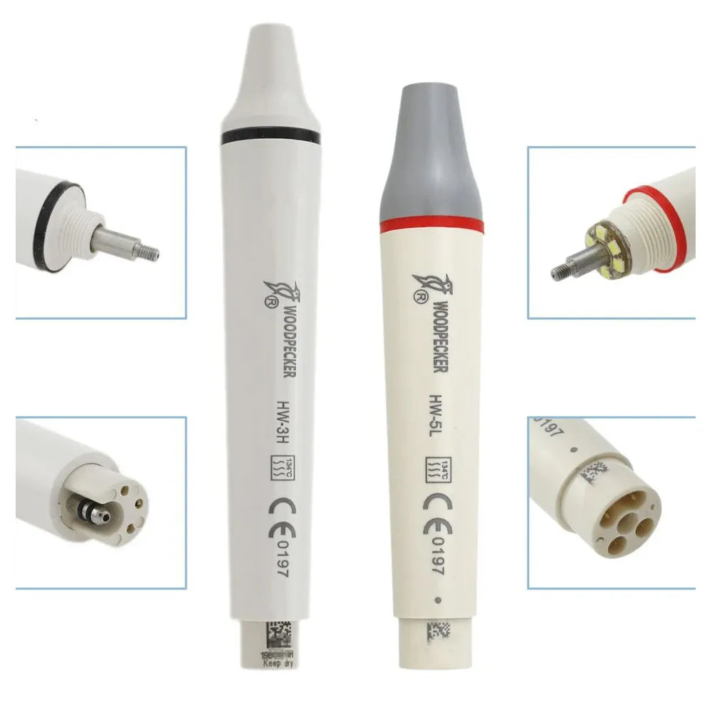 Beetle Dental Woodpecker ultrasonic scaler handpiece two white handpieces with red and gray collars and connector views