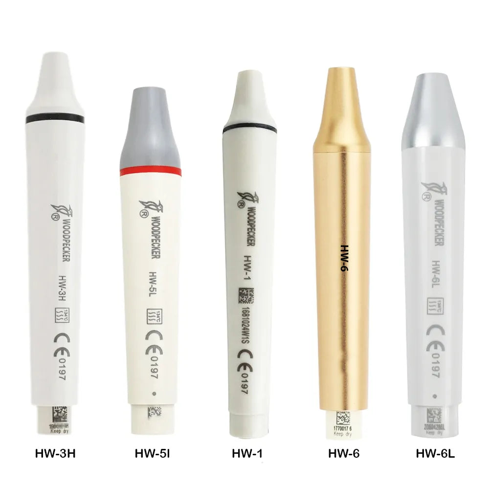 Beetle Dental showing five Woodpecker ultrasonic scaler handpiece options in white gold and silver for dental use