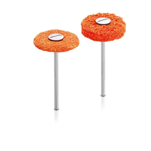 Pair of Scheu Dimo Pro dental polishing wheels orange abrasive discs on metal shanks for restoration finishing