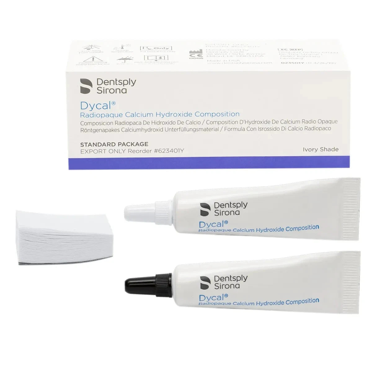 Dentsply Dycal ivory shade Calcium Hydroxide Composition with two tubes and packaging for dental use