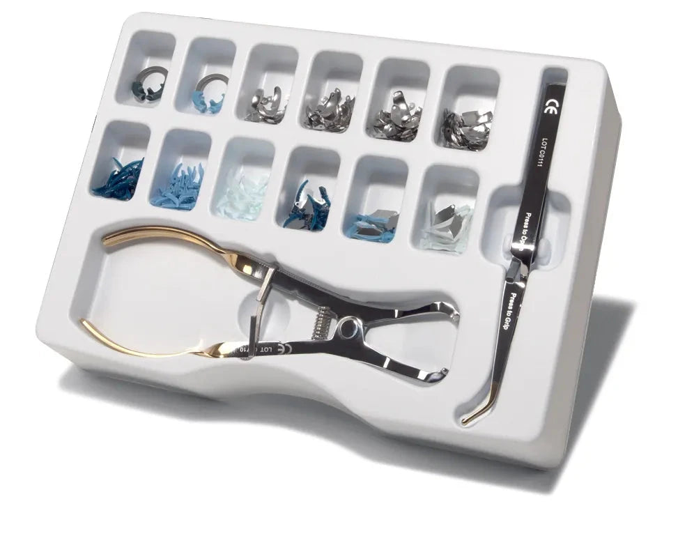 Dentsply Palodent V3 kit dental matrix system with assorted rings and pliers in white tray