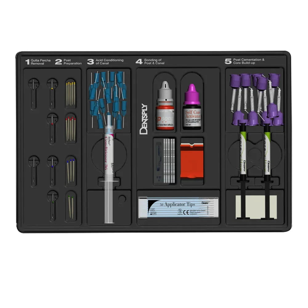 Dentsply post and core system dental kit with tools and materials for post cementation and canal bonding