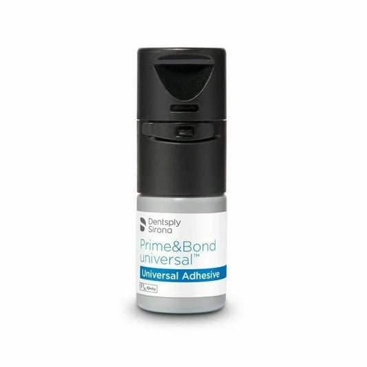 Dentsply Prime and Bond Universal adhesive in a sleek bottle for dental bonding applications