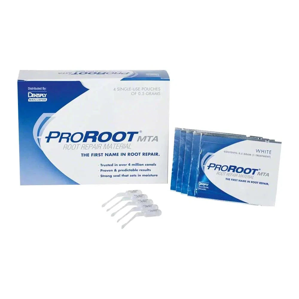 Dentsply ProRoot MTA dental material root repair product box with single-use pouches and applicators