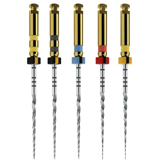 Set of Dentsply Protaper NEXT files with gold handles and colored rings for dental root canal treatment