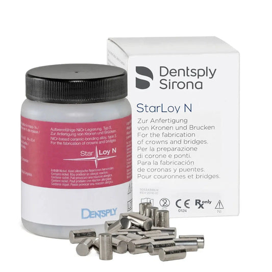 Dentsply StarLoy N dental alloy metal pellets and container with packaging for crowns and bridges