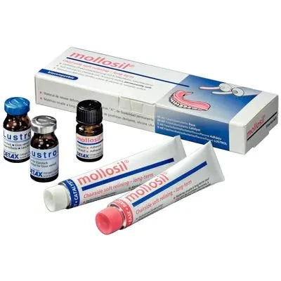 Detax Mollosil soft relining kit with two tubes and two bottles for comfortable dental adjustments