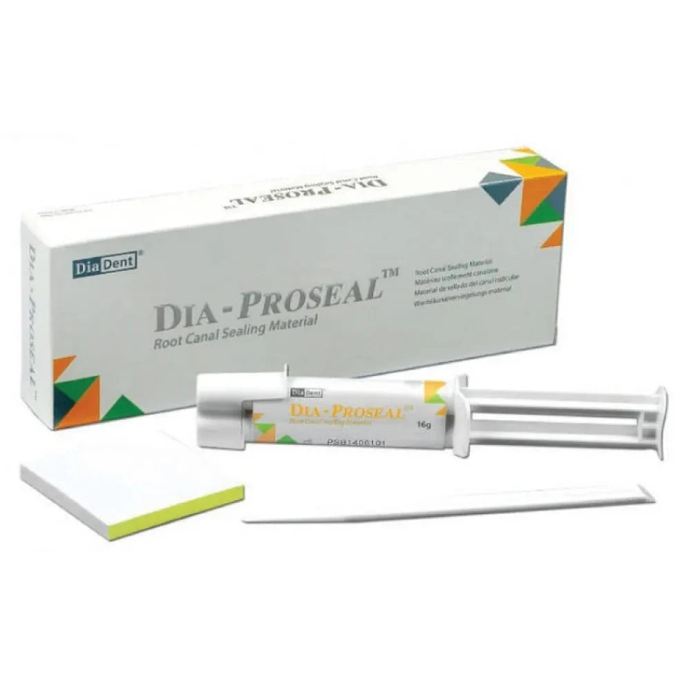 Beetle Dental Diaproseal root canal sealer in a syringe with packaging and accessories for dental use