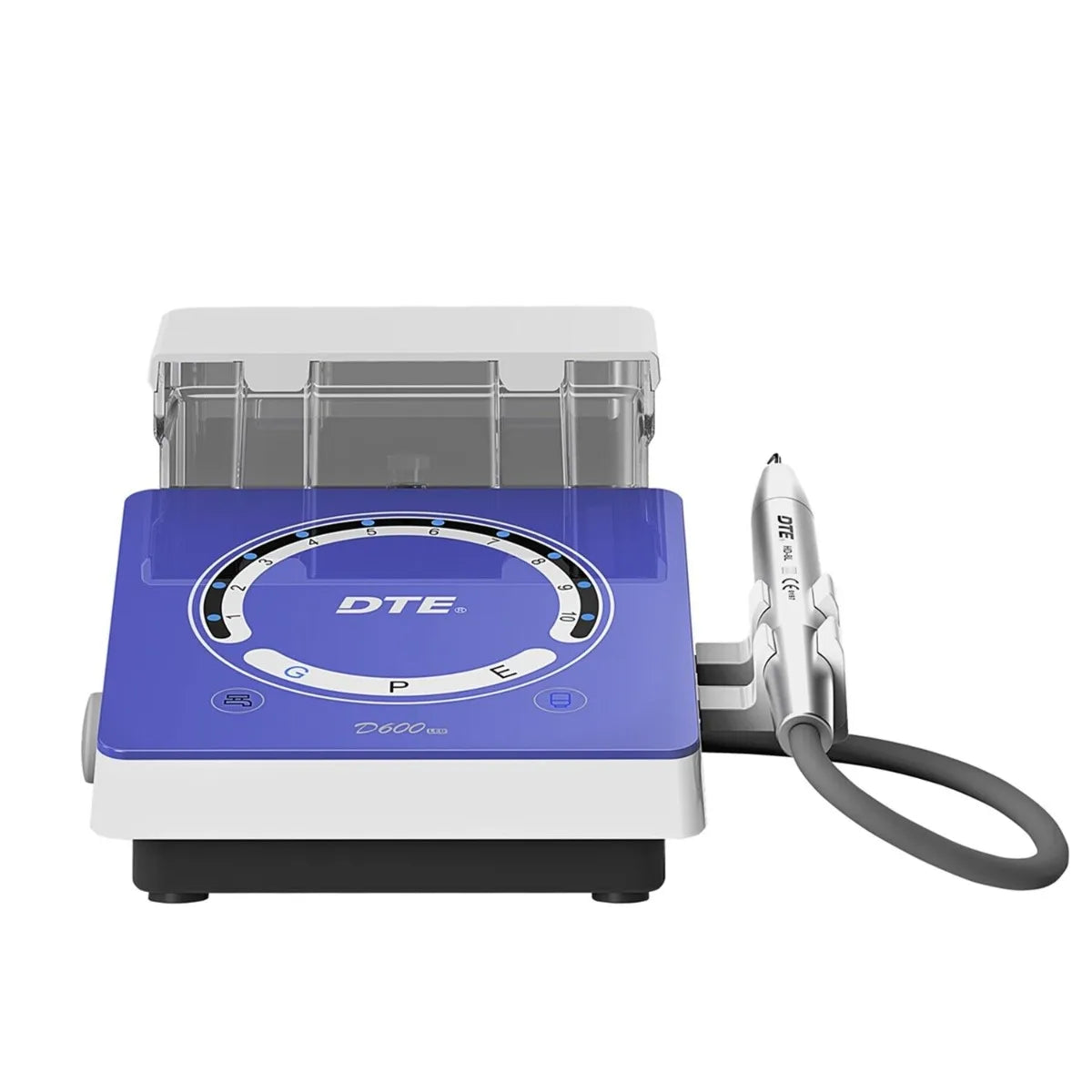 Woodpecker D600 LED ultrasonic scaler desktop unit in blue white with handpiece and cord for dental cleaning