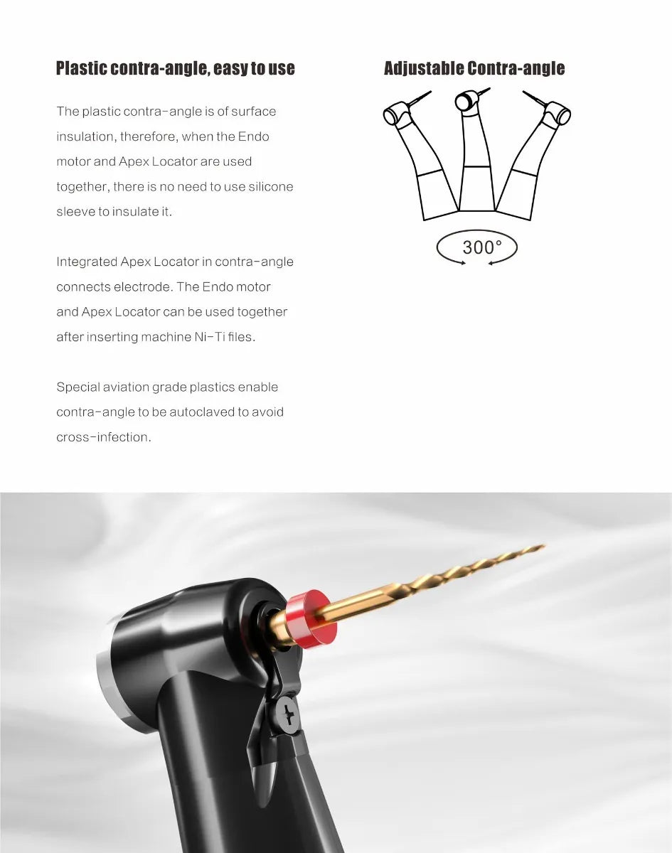 Woodpecker Endomatic Endomotor with black adjustable plastic contra angle handpiece and gold endo file