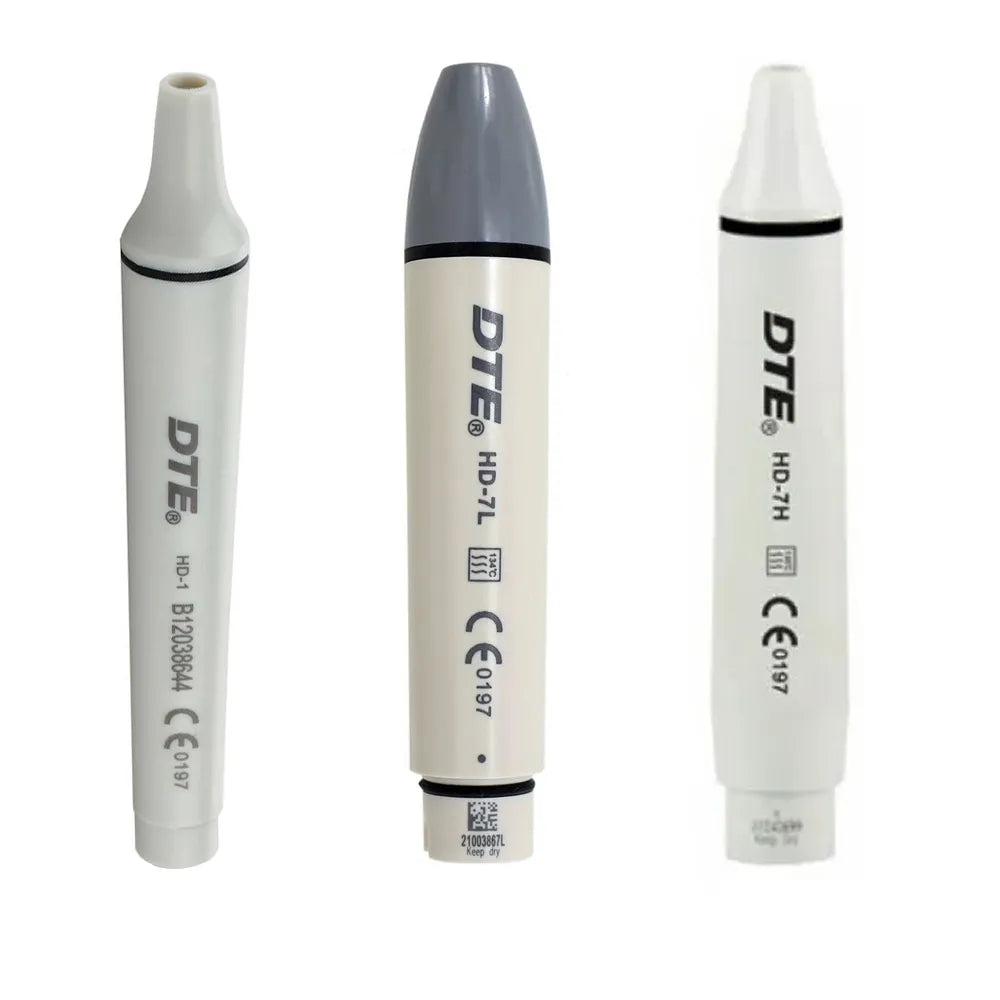 Beetle Dental Woodpecker ultrasonic scaler handpiece set showing three DTE style white and gray dental handpieces