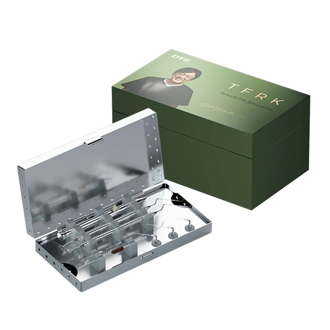 Beetle Dental Terauchi File Removal Kit stainless steel instrument tray with dental tools and green storage box