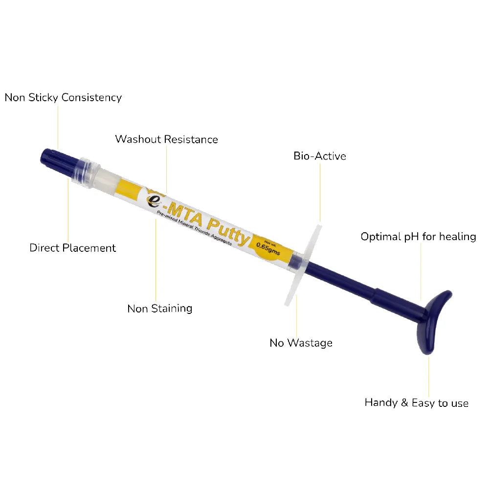 Beetle Dental e-MTA Putty for pediatric dentistry syringe applicator showing features like non sticky consistency