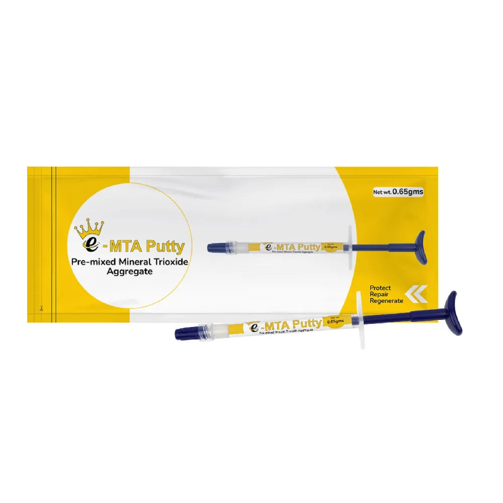 Beetle Dental prefilled syringe packaging of e-MTA Putty for pediatric dentistry showing two yellow and blue syringes