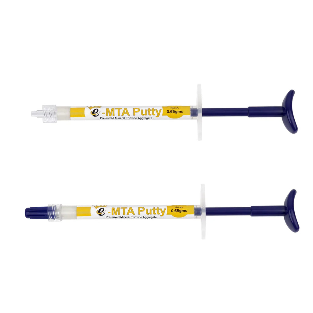 Beetle Dental two syringes of e-MTA Putty for pediatric dentistry in clear barrels with blue plungers