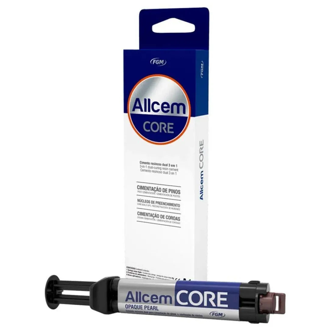 FGM Allcem Core dual cure resin cement syringe and box in opaque pearl shade for dental core build ups