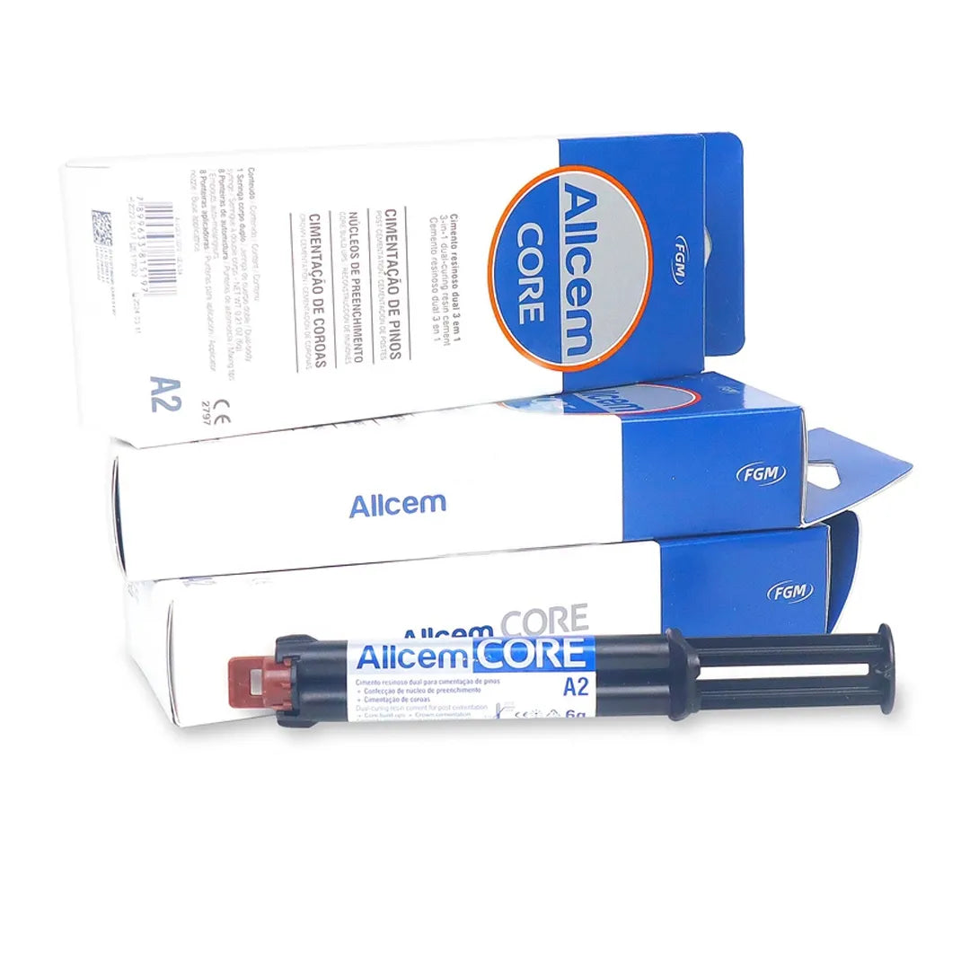 FGM Allcem Core dual cure resin cement syringe and boxes product packaging for dental core buildup