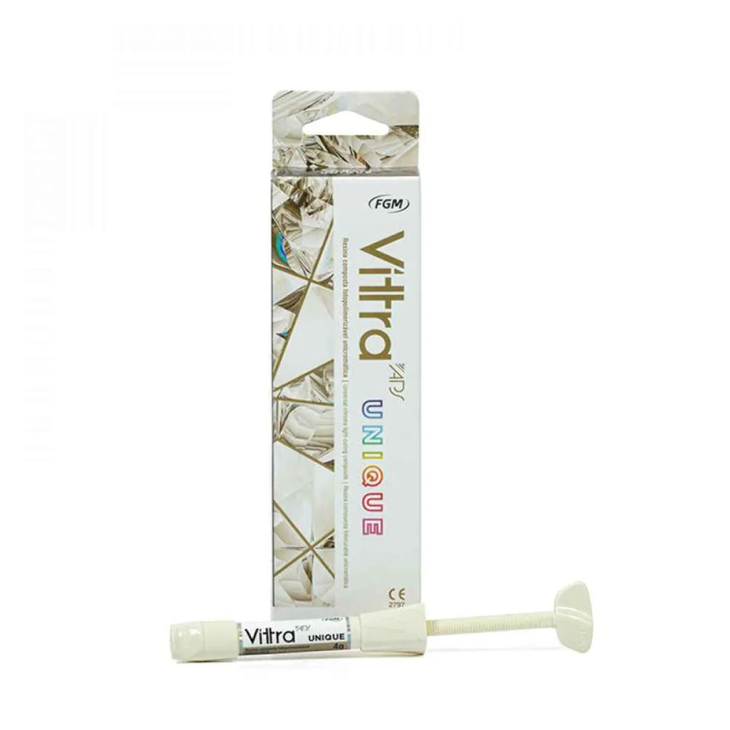 FGM Vittra APS Unique dental composite syringe with white plunger and retail box by Beetle Dental for posterior restorations