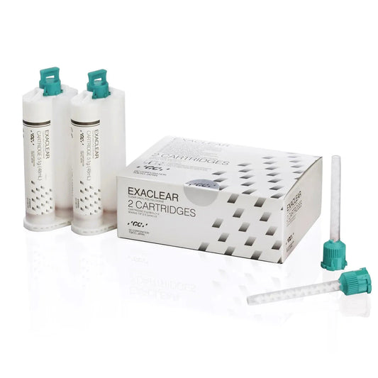 GC Exaclear dental material set with two cartridges and mixing tips for dental applications