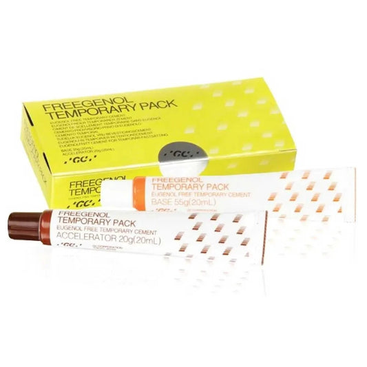 GC Freegenol temporary dental cement pack with base and accelerator tubes for easy dental repairs