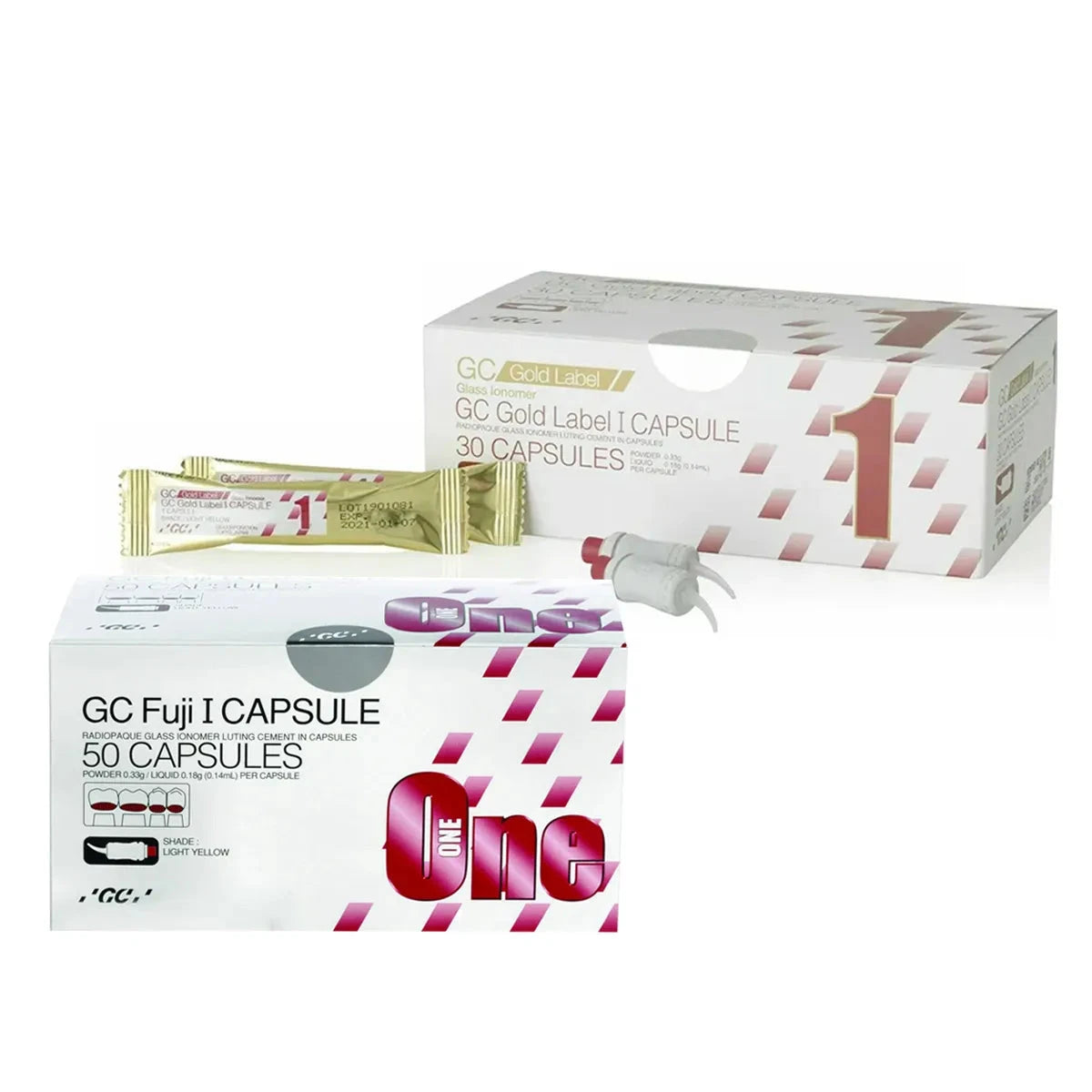 GC Fuji 1 dental capsules in boxes showcasing 50 and 30 capsules for dental restorations