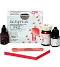 GC Fuji Plus dental cement kit with powder, liquid, and mixing tools for dental applications